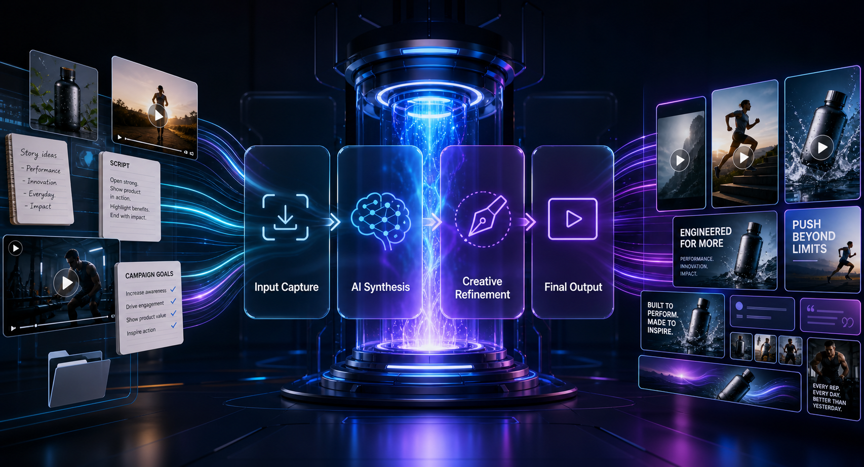 XEXXOR VSR reactor process transforming raw brand materials through Input Capture, AI Synthesis, Creative Refinement, and Final Output.
